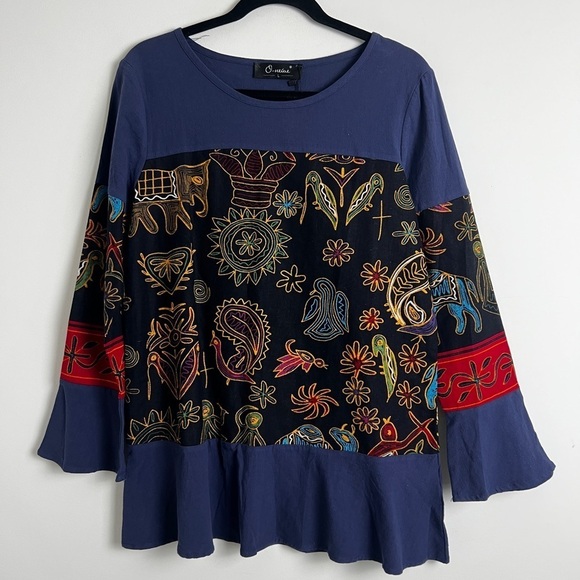 Oneine New Elegance Tops - NEW Oneine New Elegance Blue Egyptian Print Artsy Boho 100% Cotton Blouse Top L